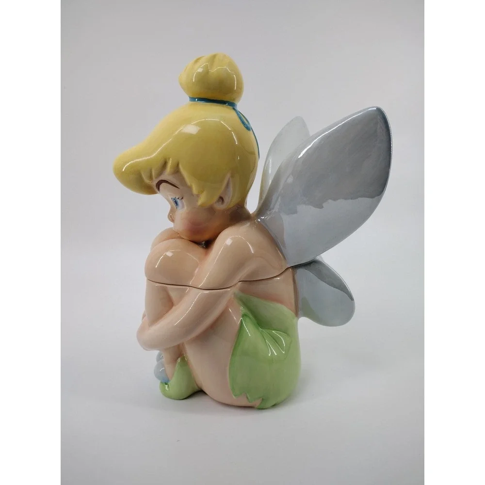 Disney Tinker Bell Ceramic Cookie Jar Sitting Fairy Peter Pan Collectible Green